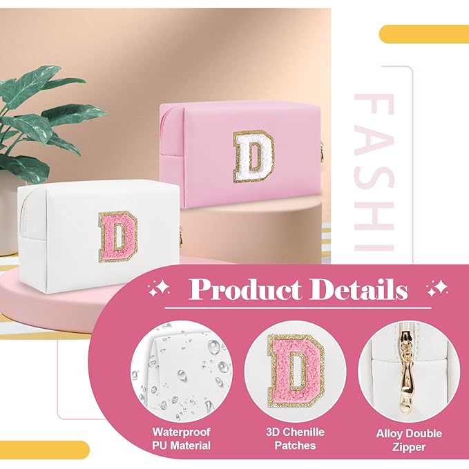 Personalized Makeup Bag Initial A-Z Preppy Patch Bag,Small PU Leather Travel Cosmetic Bag Pouch with Zipper,White Cute Toiletry Bag,Gift Ideal for Teen Girls Women Birthday Friend Mom,Letter D