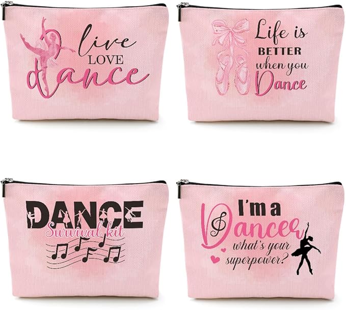 4 Pcs Dance Makeup Bag, Dancer Gifts, Dance Gifts Dance Stuff Cosmetic Bag Dance Recital Gifts for Girls Women Friends Teammates Travel Toiletry Bag, Dance Teacher Gifts Graduation Birthday Gifts