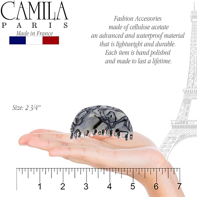Camila Paris CP2958 French Hair Ponytail Holders Ties, Flower, Handmade, Gray, Strong Hold Grip Hair Clips for Women, No Slip and Durable Styling Girls Hair Accessories, Made in France