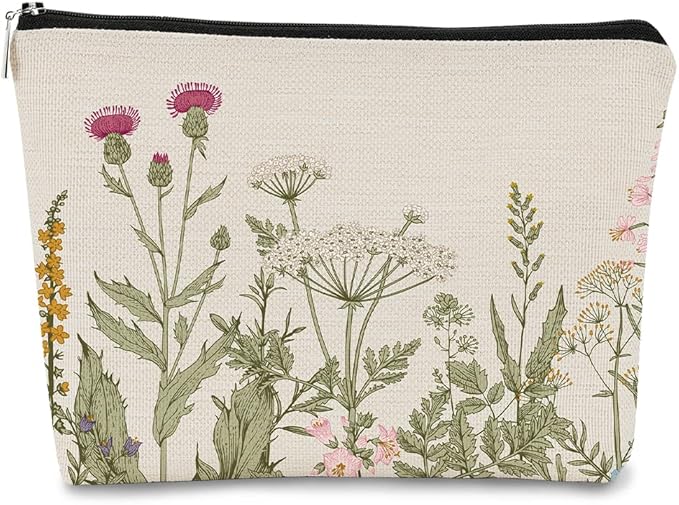 Vintage Cottagecore Summer Aesthetic Botanical Herbs Wildflowers Makeup Bag,Floral Cosmetic Bag Best Gift Idea for Flower Lovers Girls Women,Zipper Travel Toiletry Bag Mother's Day Gifts for Mom