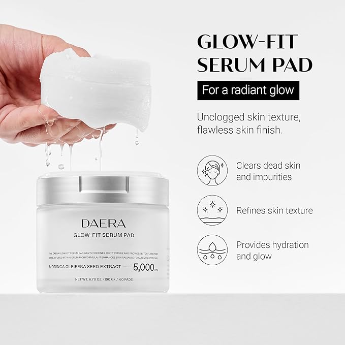 DAERA Glow-Fit Serum Pad, Dual-Sided Exfoliating & Hydrating Toner Pads for Pore Care and Dead Skin Removal with Moringa Seed & Hyaluronic Acid for Sensitive Skin, 60 Pads (190g, 6.70 fl. oz)