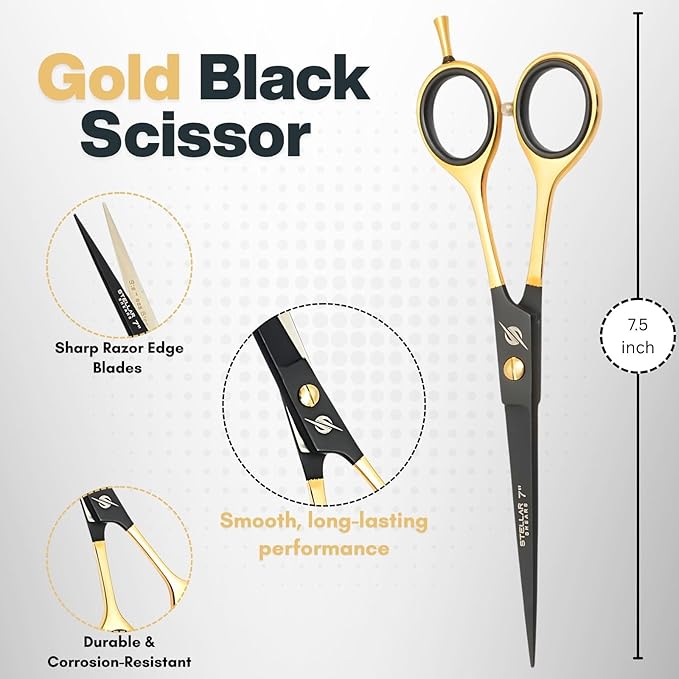 Professional Barber Hair Cutting Scissors 7.5” – Premium Japanese Stainless Steel Hair Shears with Razor Edge Blades – Salon & Home Haircut Scissors for Men, Women, Kids & Pets – Black Gold Series