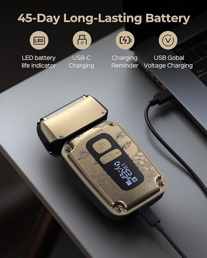 Foil Shaver for Men, Electric Razor for Men Face Beard, Waterproof Cordless Electric Razor for Travel, 4-Speed Setting, USB-C Rechargeable, LED Battery Display, Barber or Home Use (Black)