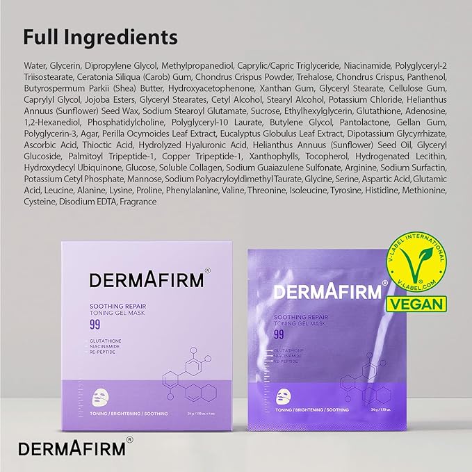 Dermafirm Soothing Repair Toning Gel Mask R4 - Brightening & Anti-Wrinkle Korean Face Mask with Glutathione - Overnight Hydrogel Mask for Glowing Skin - 4pcs