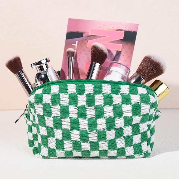 SOIDRAM Checkered Makeup Bag Preppy Cosmetic Bag Bulk Green Makeup Pouch Personalize Travel Toiletry Bag Organizer Cute DIY Makeup Brushes Storage Bag for Women