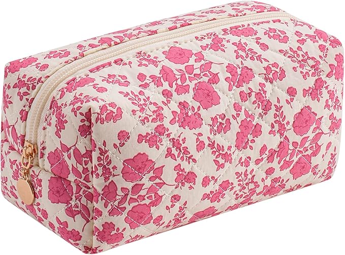 Cute Square Floral Cotton Makeup Cosmetic Bag for Women Girls, Travel Quilted Zipper Make Up Bag, Square Flowers Organizer Case Kawaii Makeup Cosmetic Travel Cloth Pouch (Red Floral)