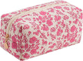 Cute Square Floral Cotton Makeup Cosmetic Bag for Women Girls, Travel Quilted Zipper Make Up Bag, Square Flowers Organizer Case Kawaii Makeup Cosmetic Travel Cloth Pouch (Red Floral)