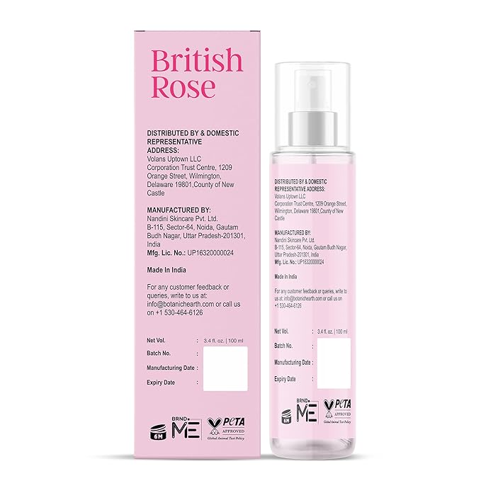Botanic Hearth British Rose Hair Perfume & Body Perfume Mist with Hyaluronic Acid, Alcohol-Free, Refreshing & Hydrating Body Spray, Long Lasting Floral Fragrance, 100 ml / 3.4 fl oz
