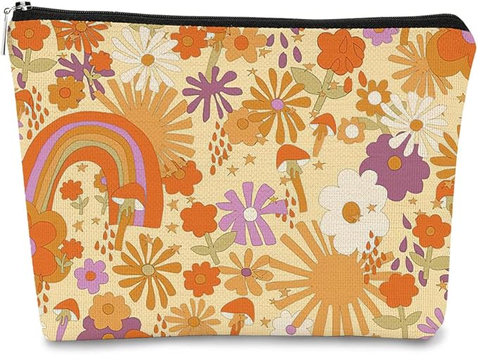 Makeup Bag for Women Gift,Retro 60s 70s Hippie Flowers Rainbow Makeup Bag,Vintage Floral Cosmetic Bag Best Gift Idea for Teen Girls Women,Birthday Christmas Gifts