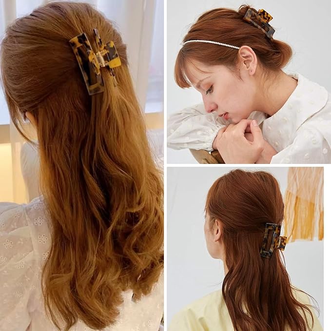 Hair Claw Clips Cutout Tortoise Shell Celluloid Hair Jaw Clips 3 Inches French Design Rectangle Hair Clamp for Women Ladies Mother (2 Pack)