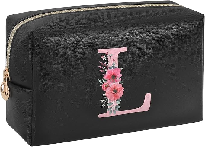 Personalized Initial Makeup Bag, Birthday Gifts for Women and Girls, Small Makeup Pouch Travel Toiletry Bag, Make Up Organizer Bag Gift Trendy Stuff for Friend Mom Teacher, Black