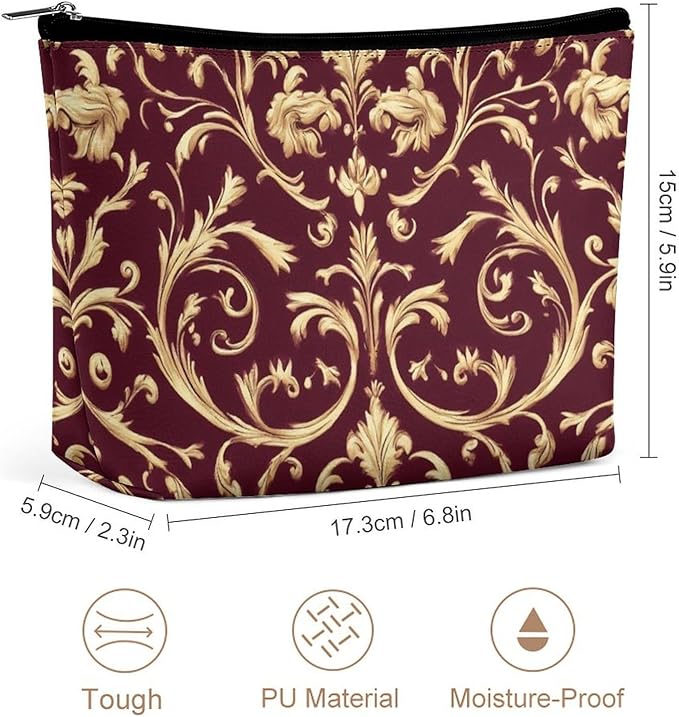 Fashion Zipper Cosmetic Case, Portable Makeup Case, Personality Toiletry Bag, Flower Maroon Gold Floral Classy Burgundy Antique Travel Cosmetic Toiletry Bag