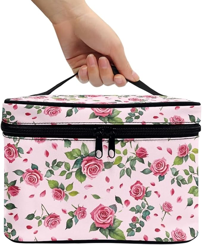 Rose Hearts Valentine's Day Print Travel Makeup Bags for Women Portable Tote Cosmetic Case with Carry Handle Toiletry Accessories Storage Organizer Bags