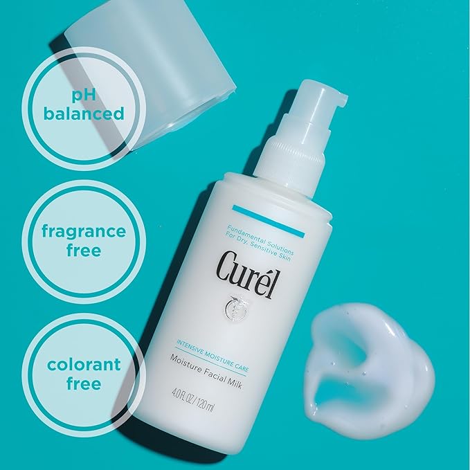 Curel Japanese Skin Care Moisture Facial Milk, Face moisturizer for Dry, Sensitive Skin, pH Balanced, Relieves Tightness and Calms, Fragrance & Alcohol Free Face Lotion, Facial Serum, 4 Fl Oz