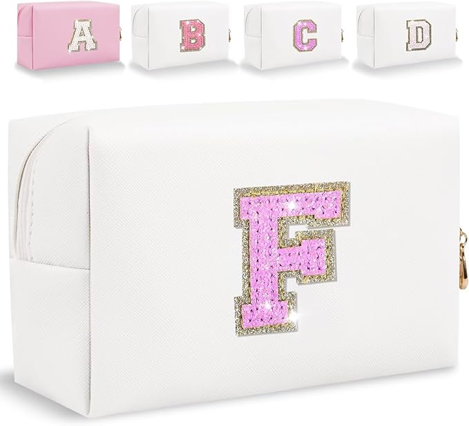 Glitter Initial Letter Makeup Bag, Small Personalized Sequins Letters PU Leather Cosmetic Bag Portable Waterproof Makeup Zipper Pouch, Shine Handbag Organizer Travel Bag Gifts for Women&Girls(White-F)