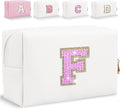 Glitter Initial Letter Makeup Bag, Small Personalized Sequins Letters PU Leather Cosmetic Bag Portable Waterproof Makeup Zipper Pouch, Shine Handbag Organizer Travel Bag Gifts for Women&Girls(White-F)