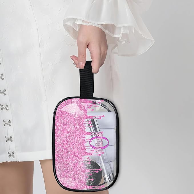 Custom Travel Toiletry Bag for Women, Clear PVC Large Makeup Bag, Cosmetic Bag, Comestic Essentials for Women, Light Pink Curtain Glittering