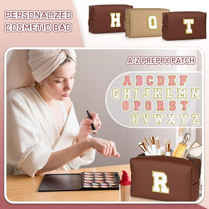 TOPEAST Preppy Stuff Cute Makeup Bag Small Cosmetic Bag Travel Toiletry Bag, Personalized Birthday Wedding Gifts for Mom Teacher Friends Bridesmaids, Preppy Travel Stuff for Girls (Brown N)