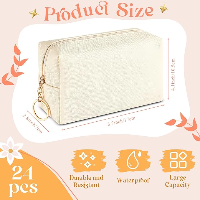 Chunful 24 Pcs Preppy Makeup Bag PU Leather Cosmetic Bag Bulk Makeup Plain Pouch Waterproof Toiletry Purse for Women Traveling Preppy Pencil Case Travel Purse Cosmetic(Beige)