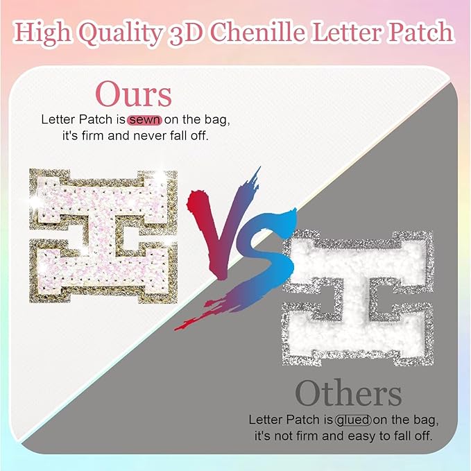 Small Personalized Glitter Initial Letter Makeup Bag, Cute PU Leather Chenille Letters Cosmetic Bag Travel Makeup Pouch, Preppy Travel Organizer Zipper Pouch for Women&Girls（White-F）