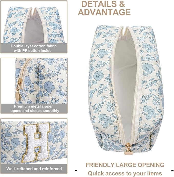 Gleyemor Personalized Initial Makeup Bag for Women, Cute Quilted Blue Floral Cotton Cosmetic Bag, Christmas Gifts for Her Mom Friend Sister Bridesmaid Teacher Women H