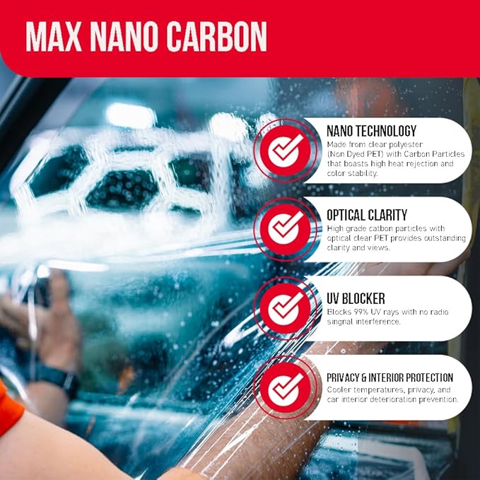 United Window Tint Car Film 24" in x 100'Ft MAX Nano Carbon Film 2Ply 15% VLT - Clear Polyester Privacy Window Tint Blocks UV/IR Rays, Heat & Glare- Laminate Adhesive with Lifetime Color Stability…