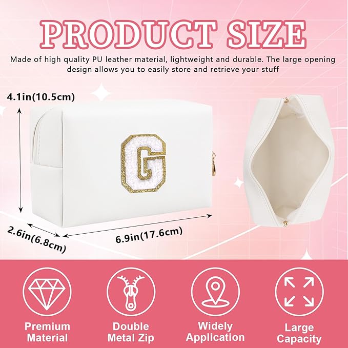 Personalized Initial Letter Patch Makeup Bag, Preppy Portable Chenille Letter Cosmetic Bag with Zipper, PU Leather Waterproof Travel Toiletry Bag Monogram Make Up Pouch for Women Girls(Letter G)