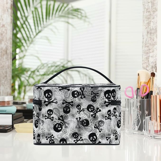 Makeup Bags, Gothic Skulls Black Grey Paisley Makeup Organizer Bags Toiletry Bag Box Travel Cosmetic Bag Make Up Train Case for Women Teen Girl Ladies