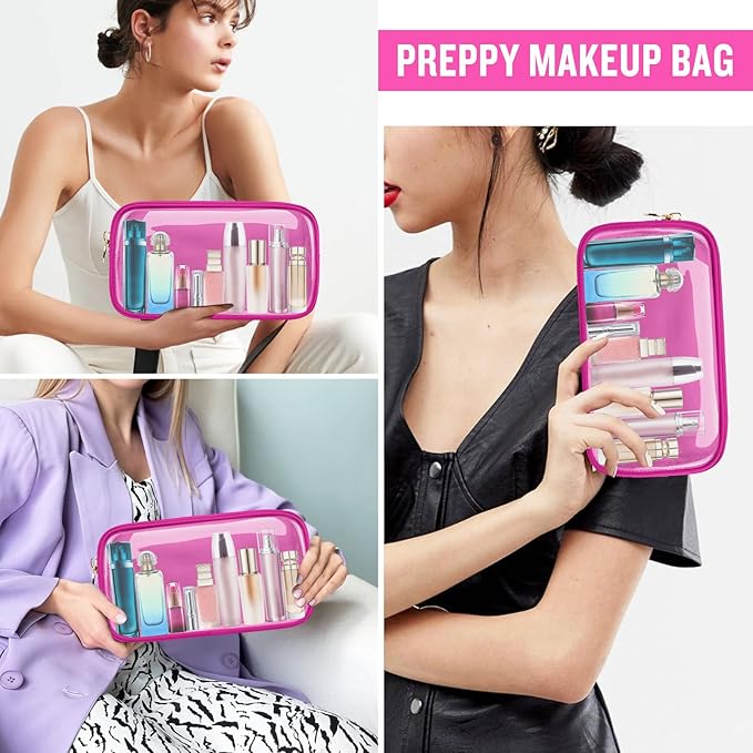 Small Clear Travel Makeup Organizer Bag for Purse, Preppy Makeup Bag Cute Cosmetic Zipper Pouch Purse, Transparent PVC & Nylon Waterproof Toiletry Storage Clutch Coin Pouch for Women Girls(Hot Pink)