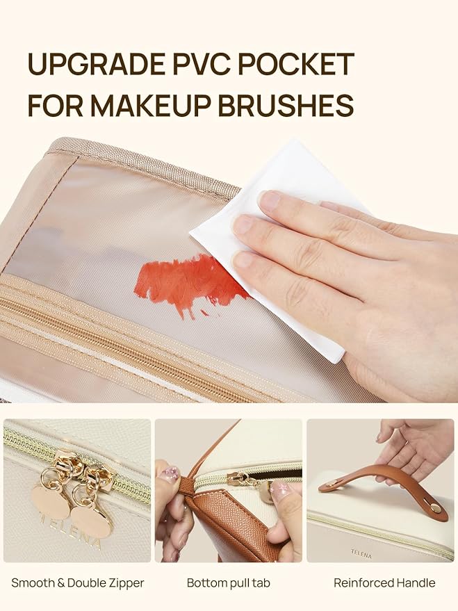 Telena Leather Make Up Bag Portable Travel Makeup Bag Waterproof Cosmetic Bags for Women Large Capacity With Handle and Divider Open Flat