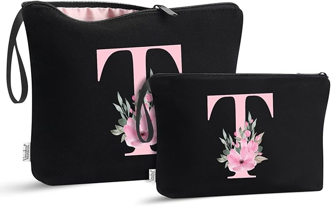 Vavabox A-Z Personalized Makeup Bag, Birthday Gifts for Women Mom, Gifts for Best Friend, Bride Bridesmaid Cosmetic bag (T, 04-Black Set)
