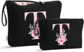 Vavabox A-Z Personalized Makeup Bag, Birthday Gifts for Women Mom, Gifts for Best Friend, Bride Bridesmaid Cosmetic bag (T, 04-Black Set)