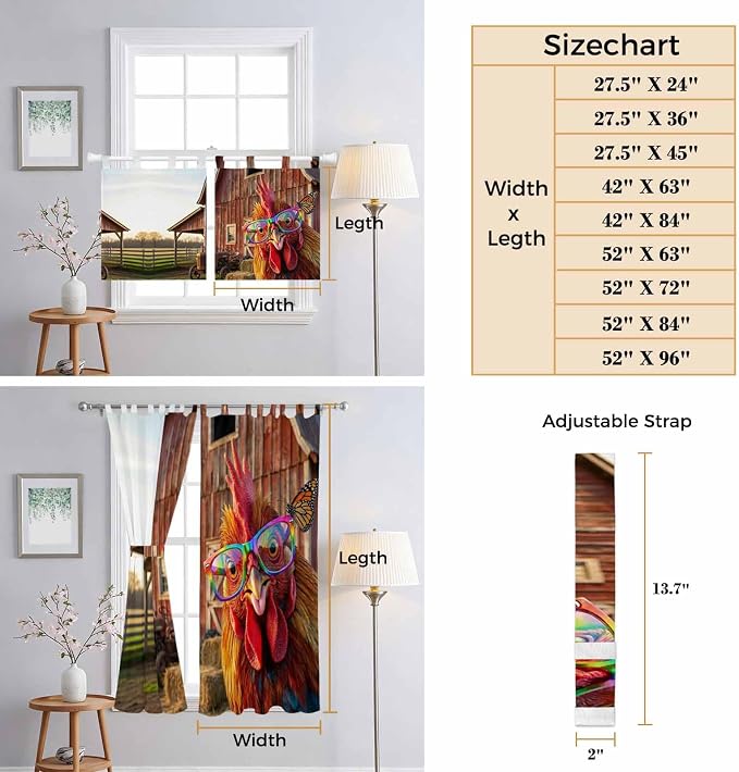 Farm Rooster Bedroom Curtains 63 Inch Length, Window Curtains Tab Top, - Image 8