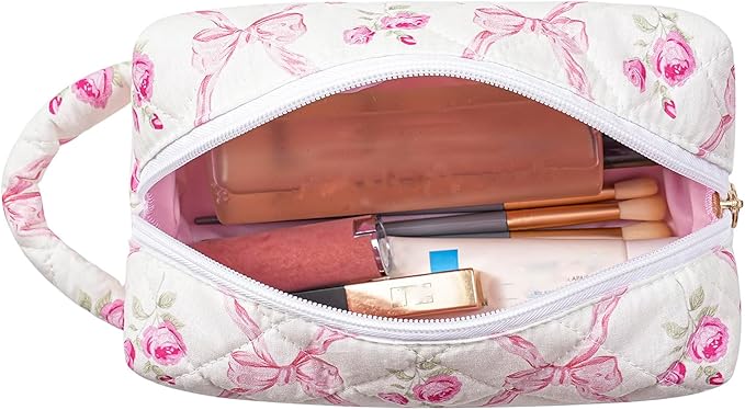 Makeup Bag Travel Cosmetic Bag for Women, Zipper Make Up Pouch, Floral Flowers Toiletry Organizer Makeup with Handle, Cosmetic Travel Cloth Bag (Pink Bowknot)