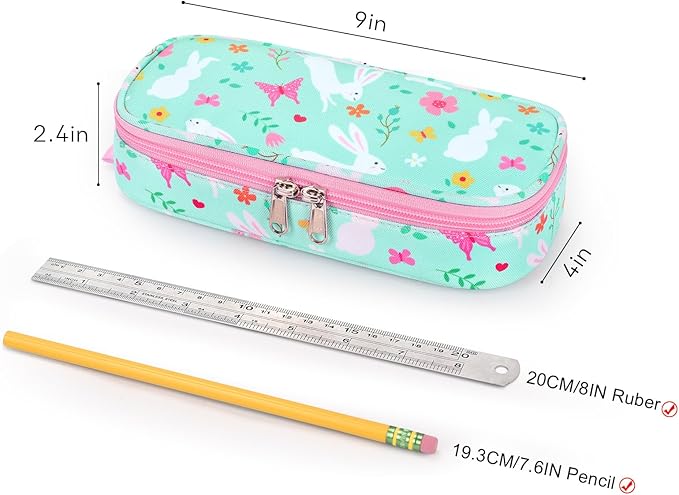 mibasies Girls Pencil Case for Kids, Multi-Slot Pencil Pouch, Rabbit Green
