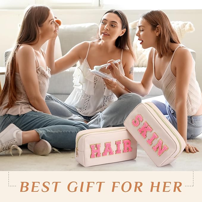 Remerry 4 PCS Nylon Cosmetic Bags Waterproof Spacious Travel Makeup Organizer for Women Chenille Letter Preppy Zipper Pouch Face Stuff Skin Hair Organizer Gift(Gentle White)