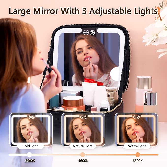 Travel Makeup Bag with LED Lighted Make up Case with Mirror 3 Color Setting Cosmetic Makeup Box Organizer Vanity Case for Women Beauty Tools Accessories Case Rechargeable