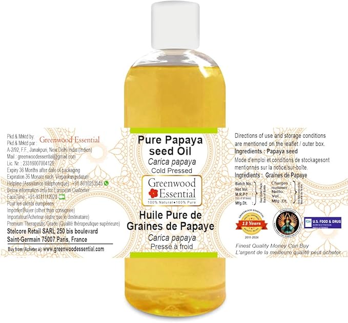 Greenwood Essential Pure Papaya seed Oil (Carica papaya) Cold Pressed 200ml (6.76 oz)