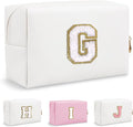 Personalized Initial Preppy Makeup Bag Organizer, Small Travel Cute White Cosmetic Bag Toiletry Zipper Pouch for Women, Portable Waterproof PU Makeup Case for Women Teacher Graduation Gift(Letter G)