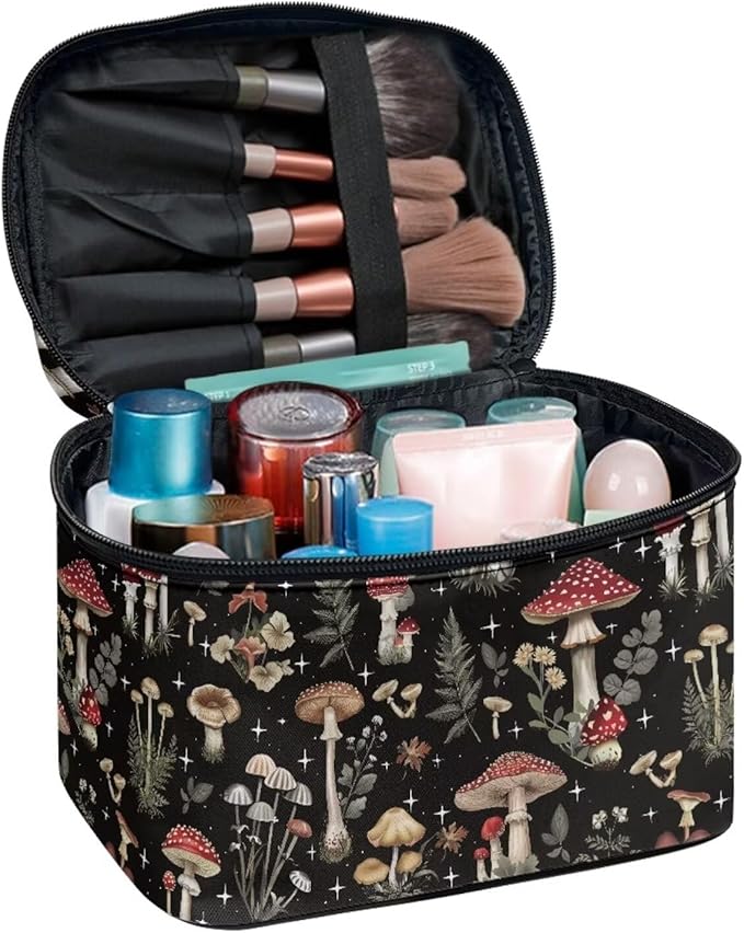 JoyLamoria Bronwn Mushroom Print Travel Makeup Bag Cute Mushroom Brush Bag Toiletry Bag for Women