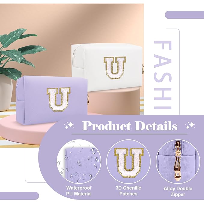 Personalized Makeup Bag Initial A-Z Preppy Patch Bag,Small PU Leather Travel Cosmetic Bag Pouch with Zipper,Purple Cute Toiletry Bag,Gift Ideal for Teen Girls Women Birthday Friend Mom,Latter U