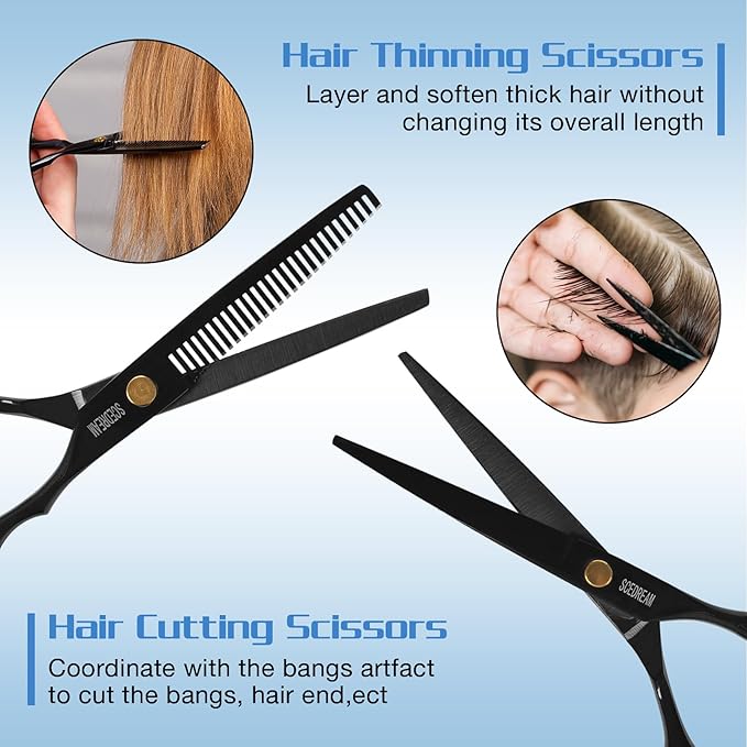 11-Piece Hair Cutting Scissors Kit - Professional Set with Thinning Scissors, Comb, Cape, Clips, Brush, Leather Bag for Barber, Salon, Home