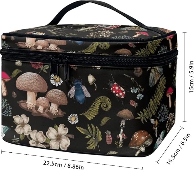 Dark Cottagecore Forest Mystical Moss Mushroom Print Makeup Travel Bag Portable Cosmetic Bags with Handle Travel Accessories Large Toiletry Bags for Traveling Women Organizer and Storage