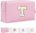 Personalized Initial Letter Makeup Bag, Small Preppy Glitter Letters Cosmetic Pouch PU Waterproof Zipper Travel Toiletry Bag, Unique Letters Patch Makeup Organizer Gift for Women Teen Girls(Letter T)