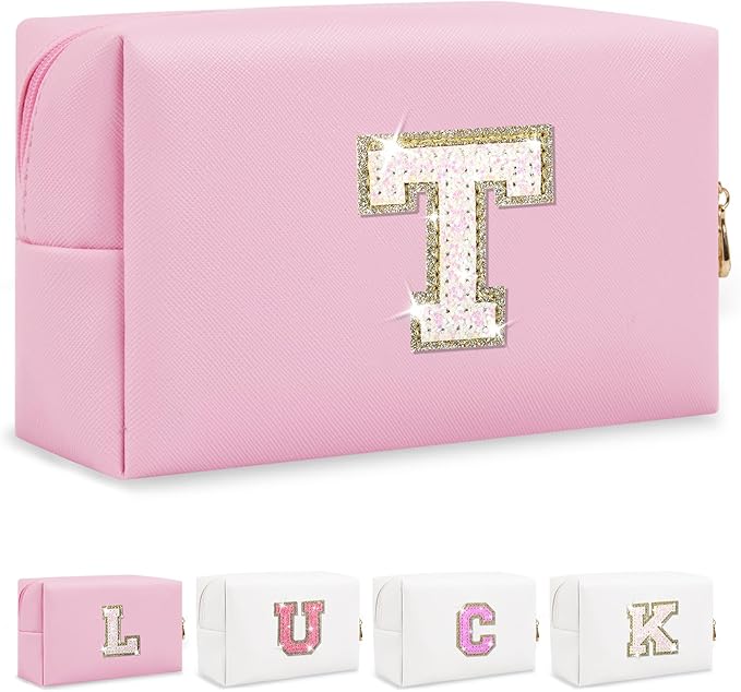 Personalized Initial Letter Makeup Bag, Small Preppy Glitter Letters Cosmetic Pouch PU Waterproof Zipper Travel Toiletry Bag, Unique Letters Patch Makeup Organizer Gift for Women Teen Girls(Letter T)