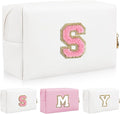 Personalized Initial Letter Patch Makeup Bag, Preppy Portable Chenille Letter Cosmetic Bag with Zipper, PU Leather Waterproof Travel Toiletry Bag Monogram Make Up Pouch for Women Girls(Letter S)