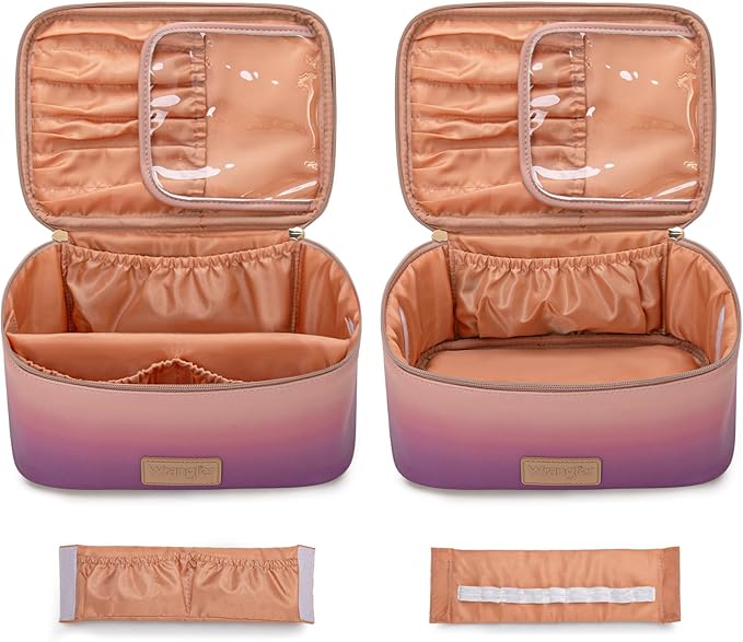 Montana West X Wrangler Travel Makeup Bag 2pcs Set Large Cosmetic Bag with Makeup Brush Holder Portable Make Up Organizer Cute Toiletry Bag with Divider and Handle for Women Gradient