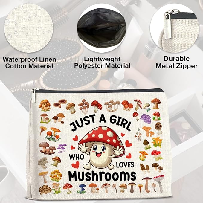Mushroom Gifts Makeup Bag Mushroom Gifts for Women Teen Girls Sister Friend, Mushroom Lovers Gifts, Just a Girl Who Loves Mushrooms Zipper Makeup Pouch