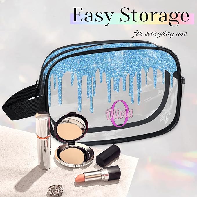 Custom Makeup Toiletry Bag, Personalized Clear Travel PVC Cosmetic Organizer Case Portable Bag with Zipper, Light Sky Blue Fluid Shape Sparkly Glittery