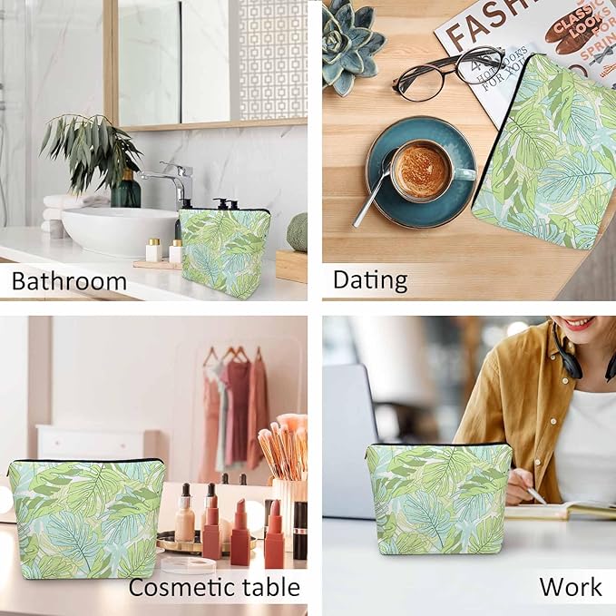 Palm Leaves Makeup Organizer Bag Cosmetic Bag For Men Women, Tropical Beach Palm Leaf Floral Travel Toiletry Bag Flax Makeup Bags Purse Business Makeup Pouch For Toiletries Cosmetics Green